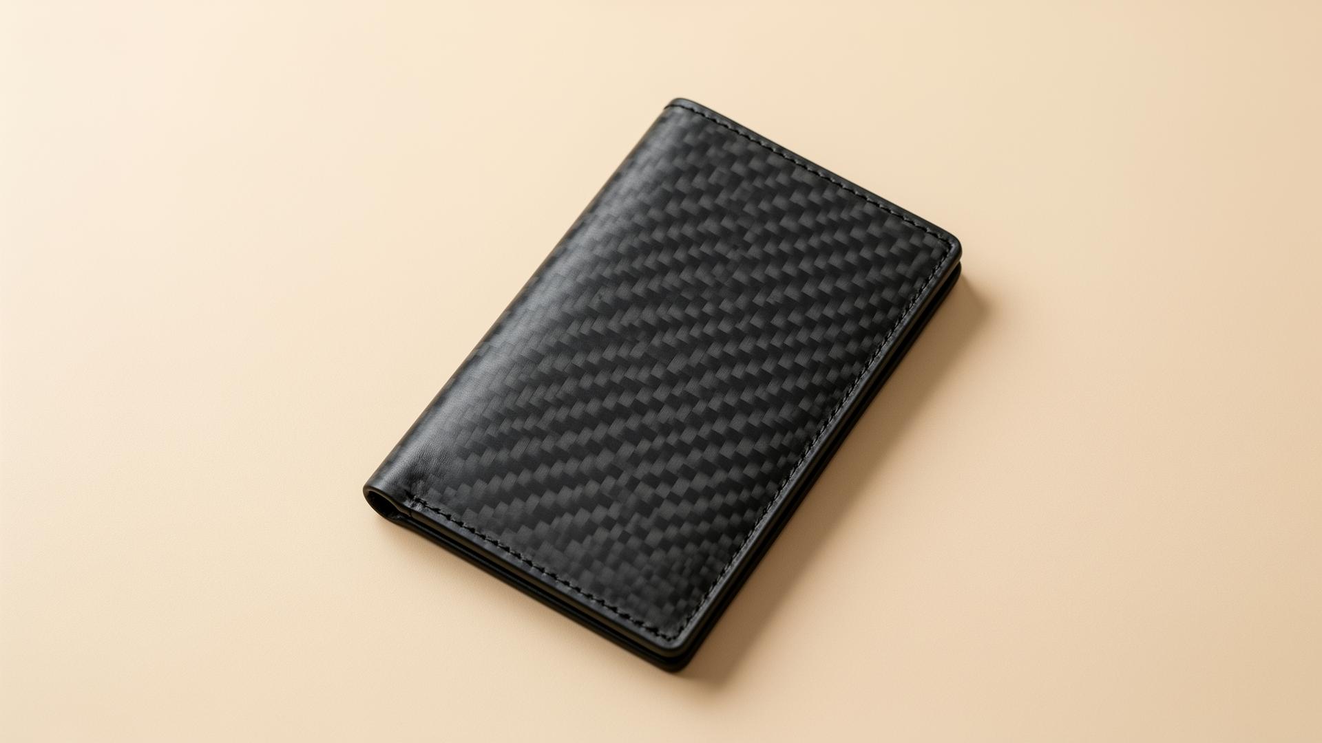 Cartera Chrono-Volt de fibra de carbono sobre fondo claro