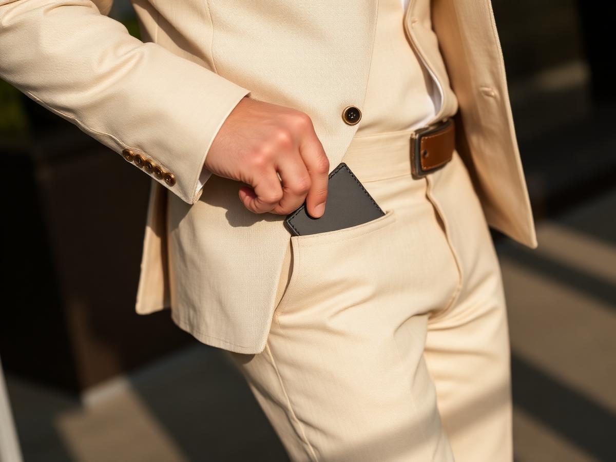 Hombre guardando la cartera Chrono-Volt en el bolsillo delantero